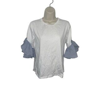 BANANA REPUBLIC Women's Size Small White Tee with Blue Striped Ruffle Sleeves